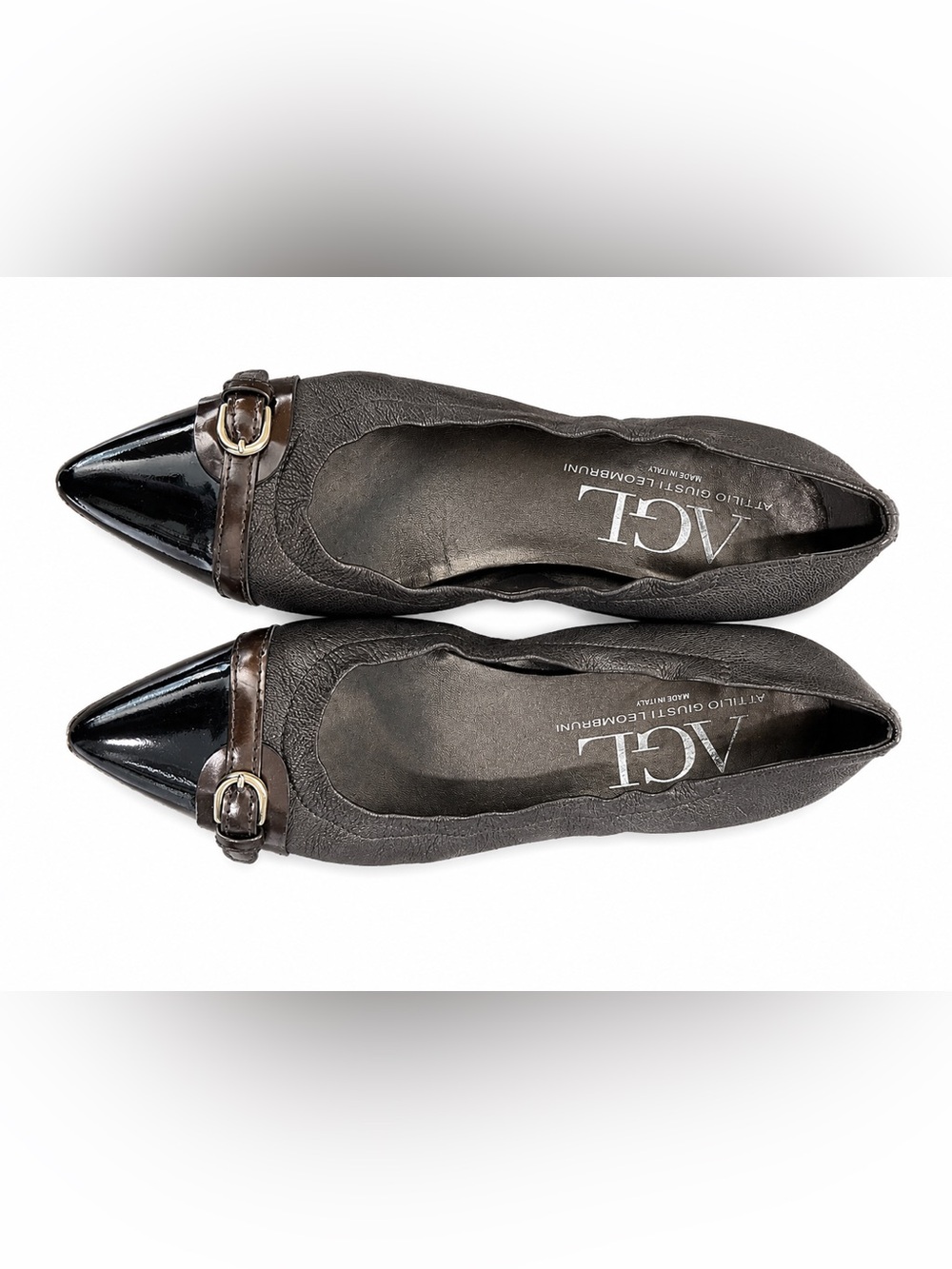 AGL Black and Dark Gray Pointed Toe Buckle Flats